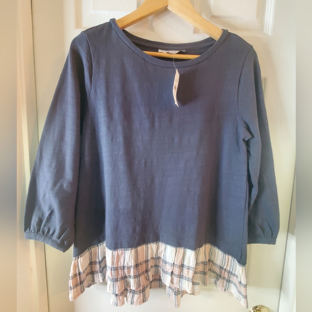 NWT LOFT M Navy 3/4 Slub Top With Faux Layered Plaid Peplum